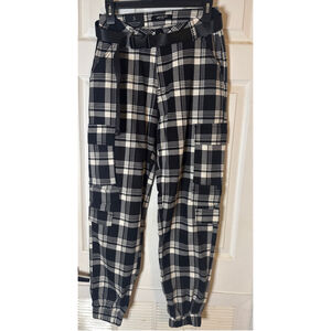 Women's AMERICAN BAZI Black White Plaid Cargo Joggers S